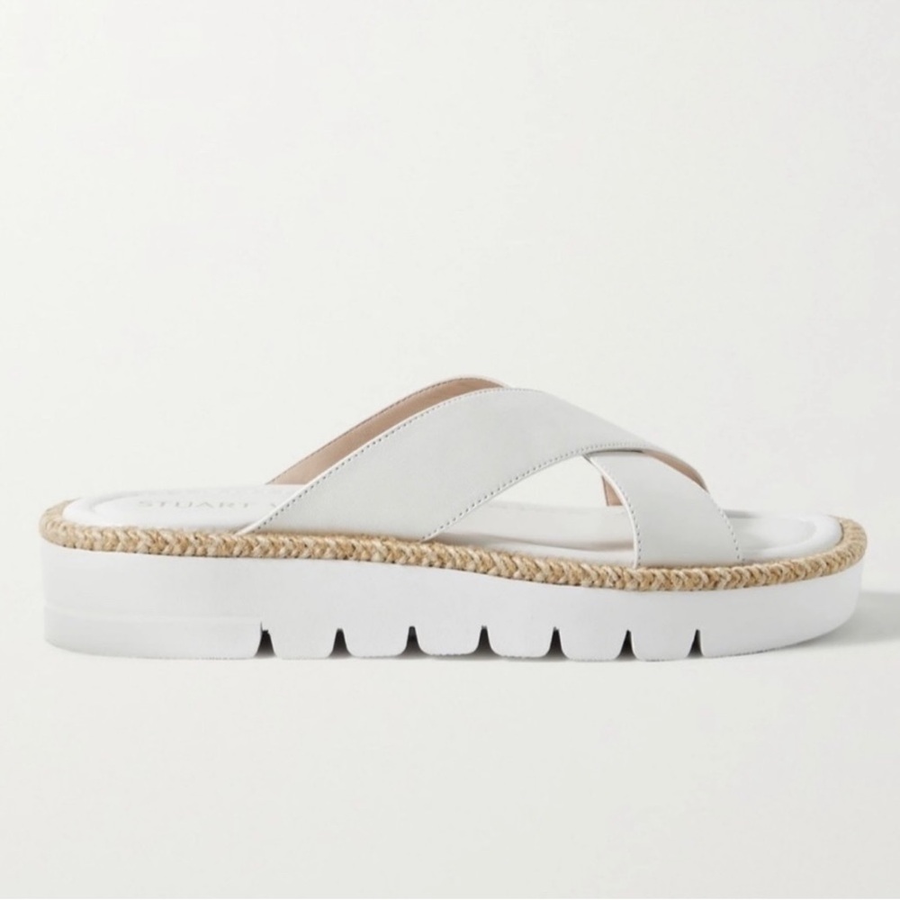 Stuart Weitzman Roza Lift raffia trimmed genuine white leather slip on sandals
